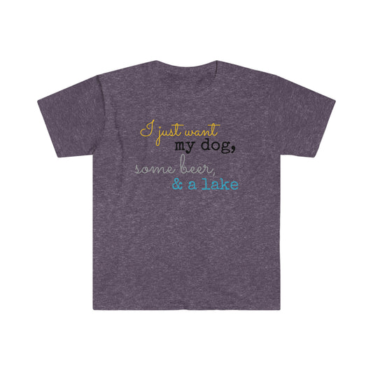 My dog, beer, & a lake - Unisex Softstyle T-Shirt